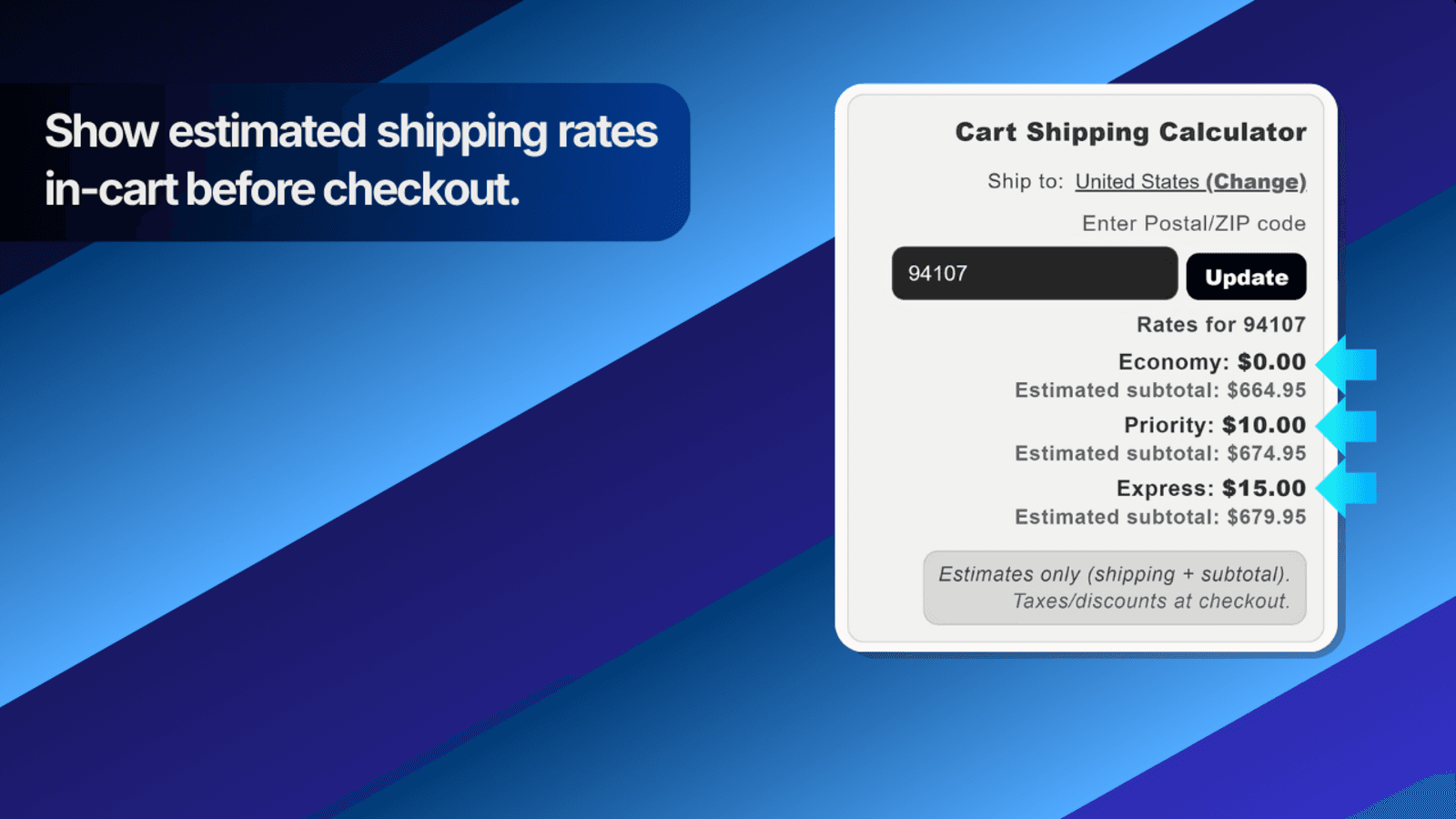Instant real shipping rates in-cart, before checkout.