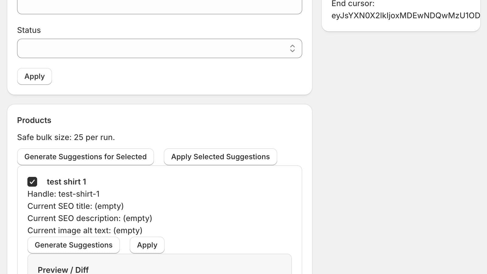 AI-generated SEO suggestions with preview before apply