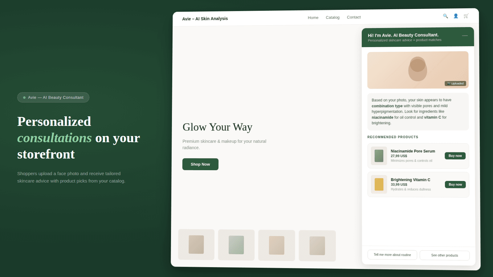 Avie AI Skin Analyst widget on a Shopify storefront showing
