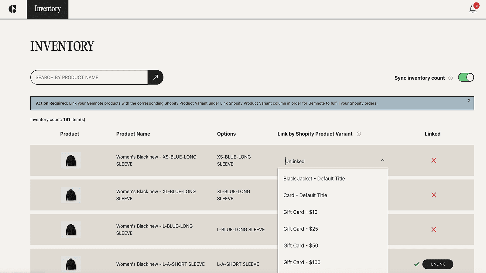 Sync inventory from Shopify to Gemnote for order fulfillment