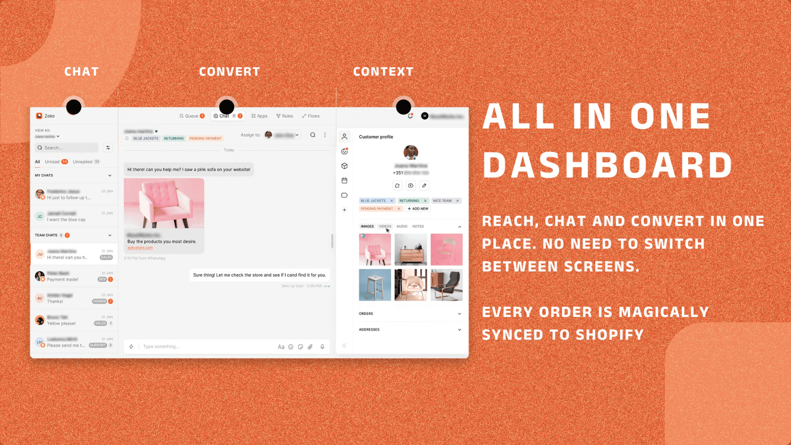 Single dashboard for sales, marketing and support