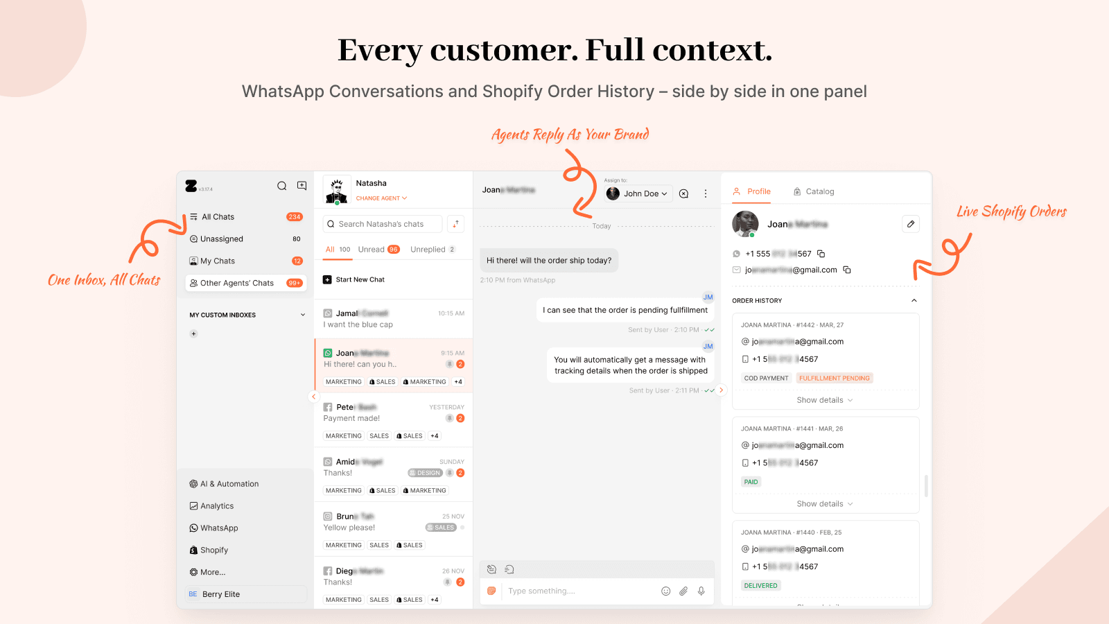 WhatsApp inbox with Shopify order history in chat