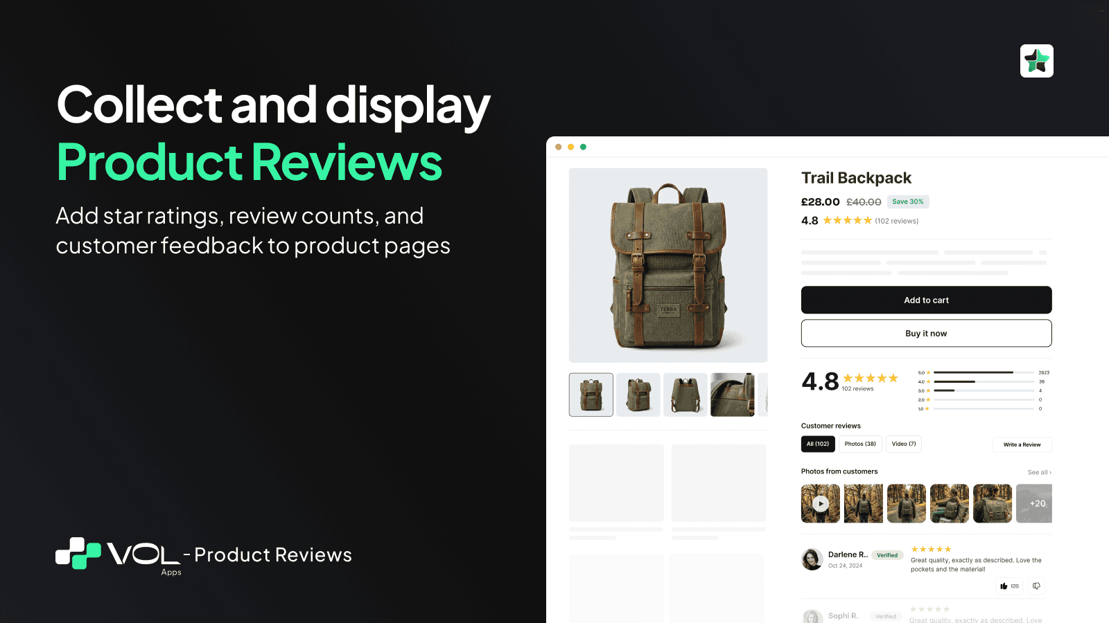 Collect and display product reviews with ratings on store pages