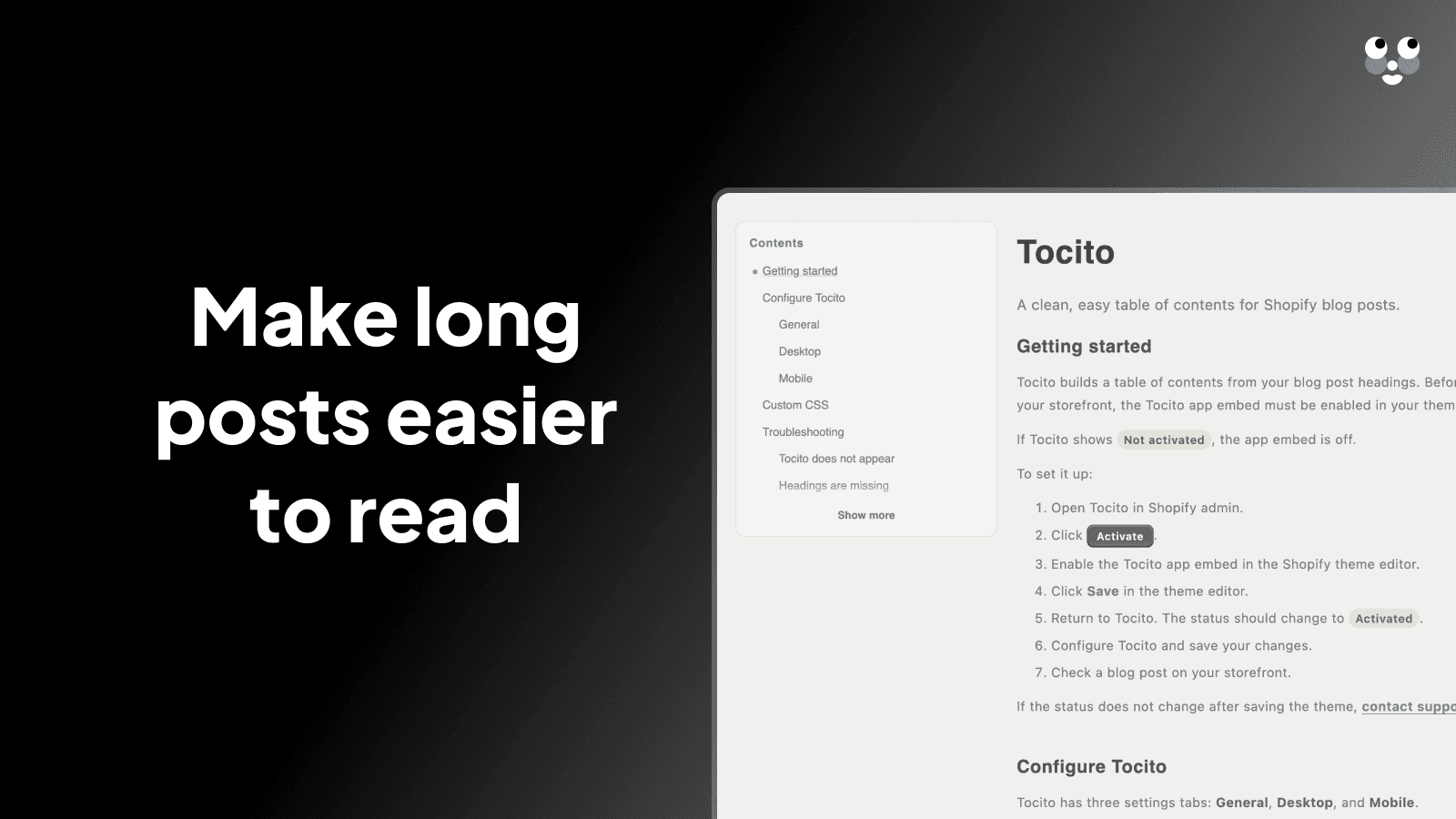 Tocito table of contents beside a Shopify blog post