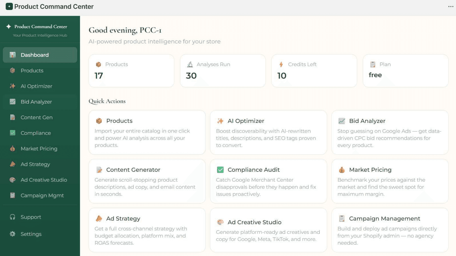 Dashboard showing all AI tools and quick-action cards