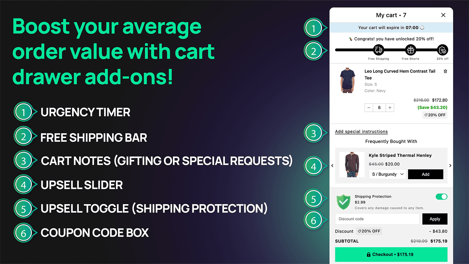 slide cart, sticky cart drawer, rewards, upsell, free gift