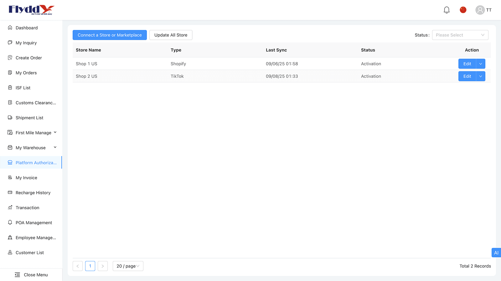 Platform Authorization to connect a store and pull orders