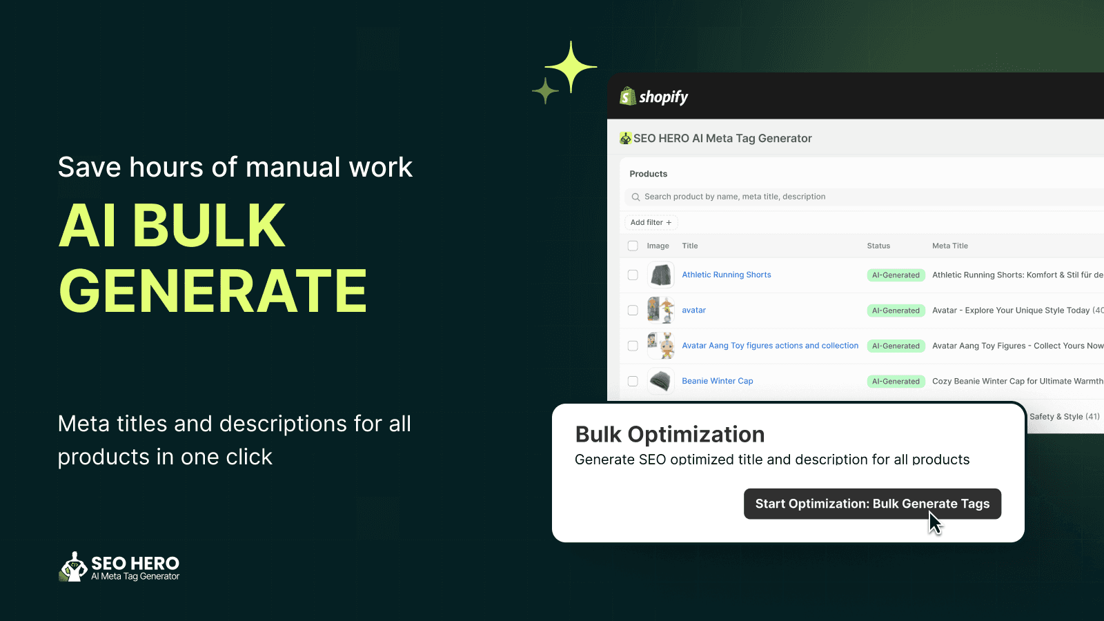 Bulk generate meta titles and SEO tags for Shopify products
