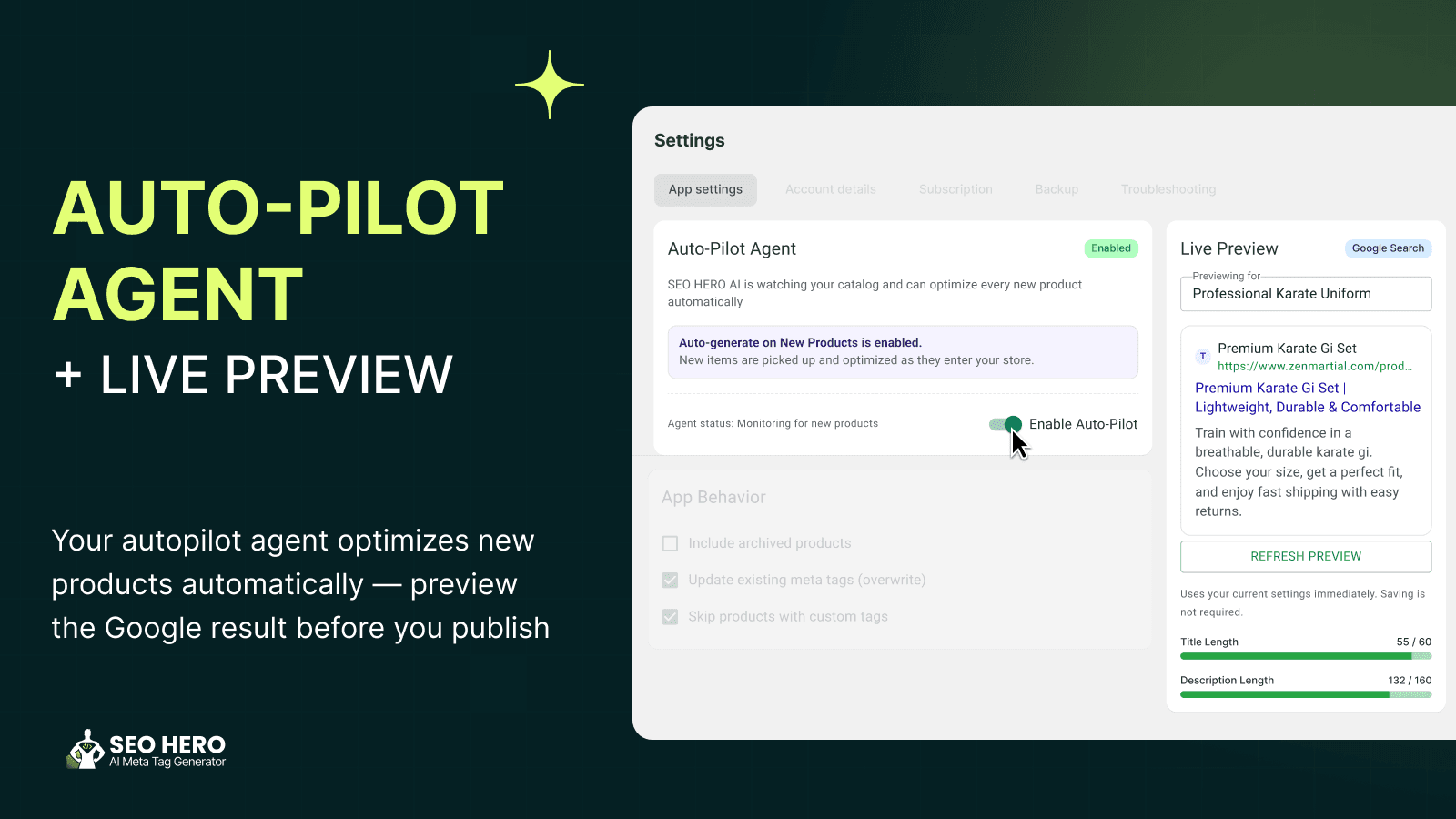 Auto-pilot AI meta tags + live preview for Shopify products