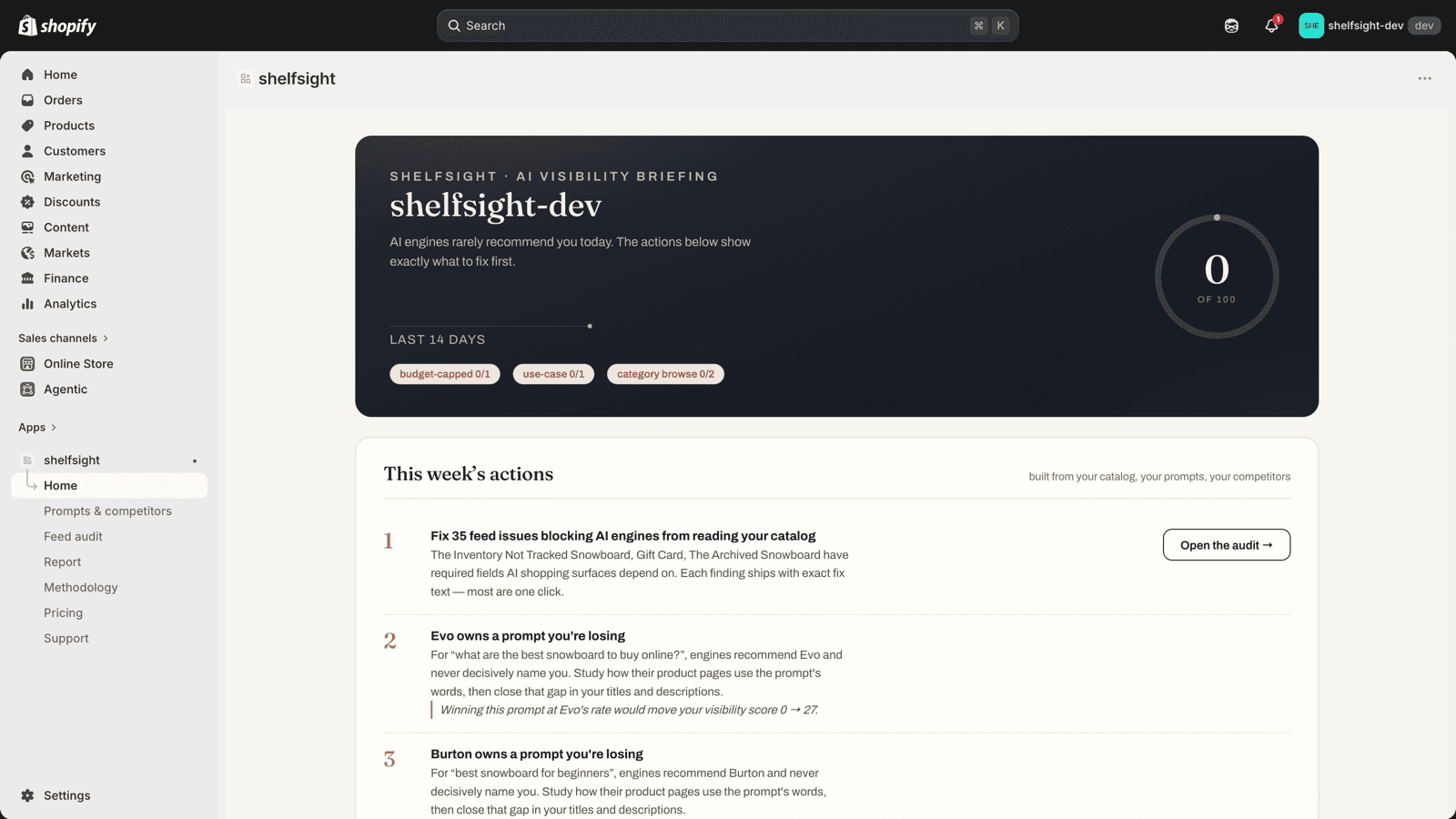 ShelfSight dashboard: AI visibility score and quantified actions