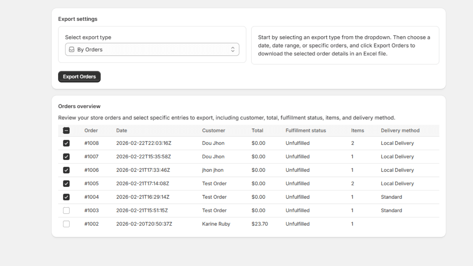 Export selected Shopify orders with customer and delivery detail