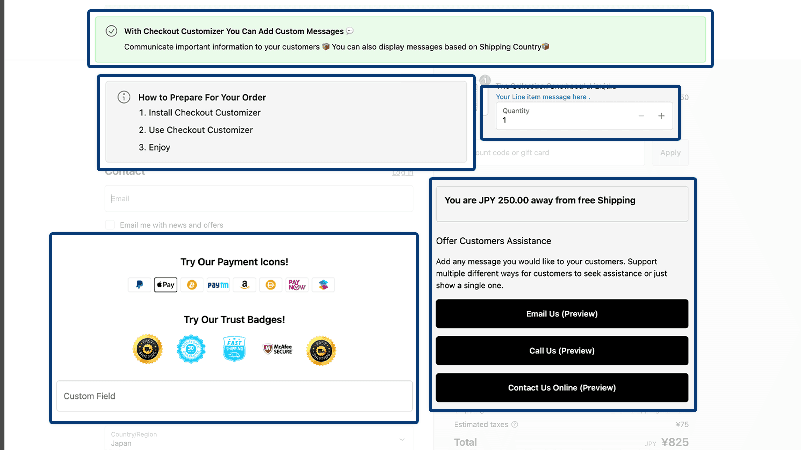 Add Custom Message, Contact Information , Trust Badges