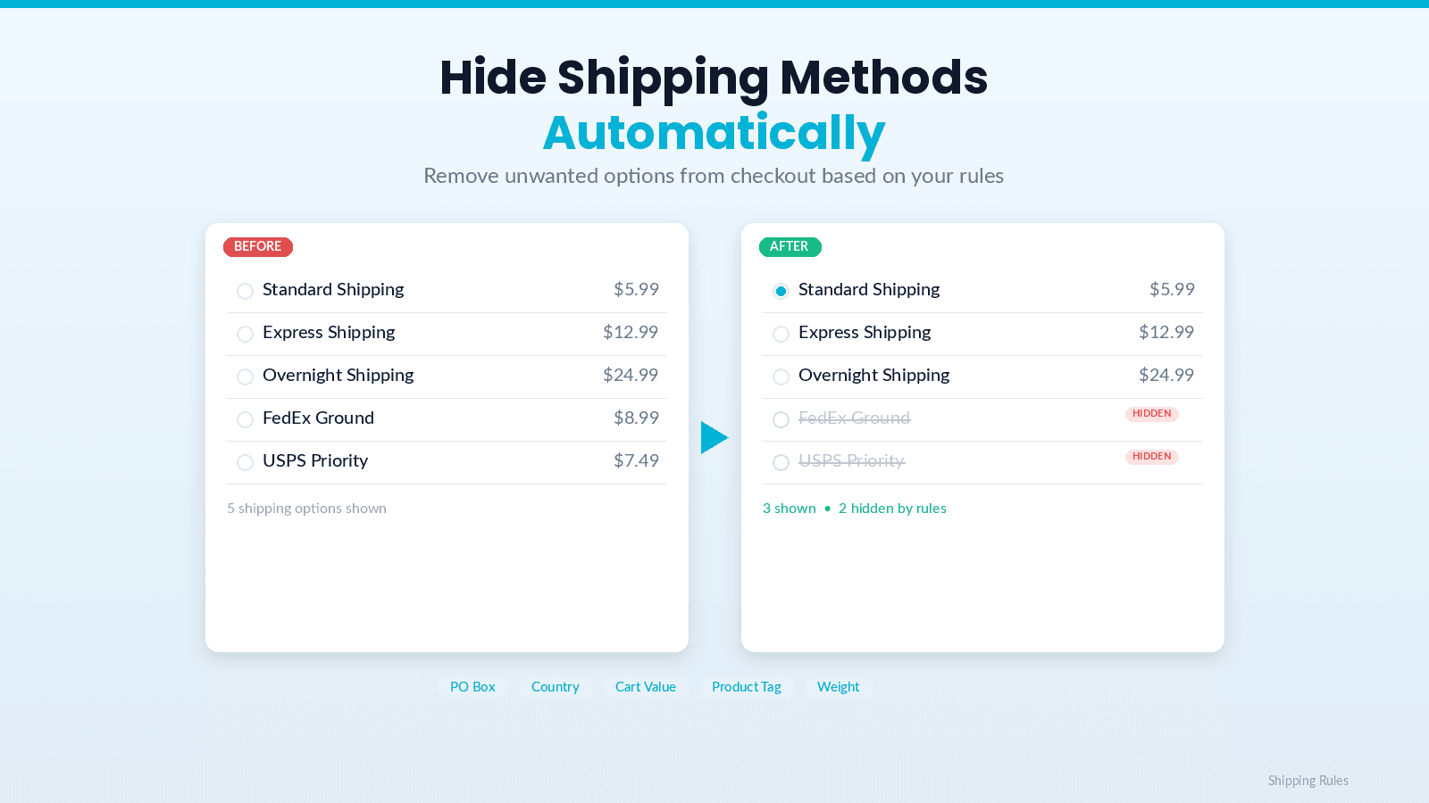 Hide shipping methods automatically based on conditions