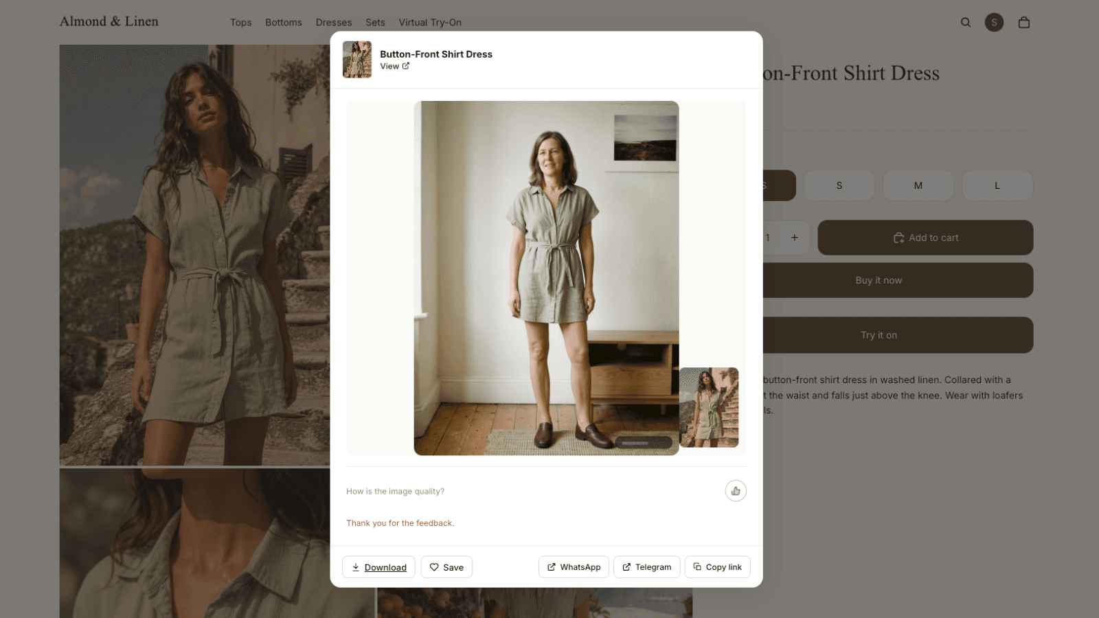 Try-on pop-up on merchant product page
