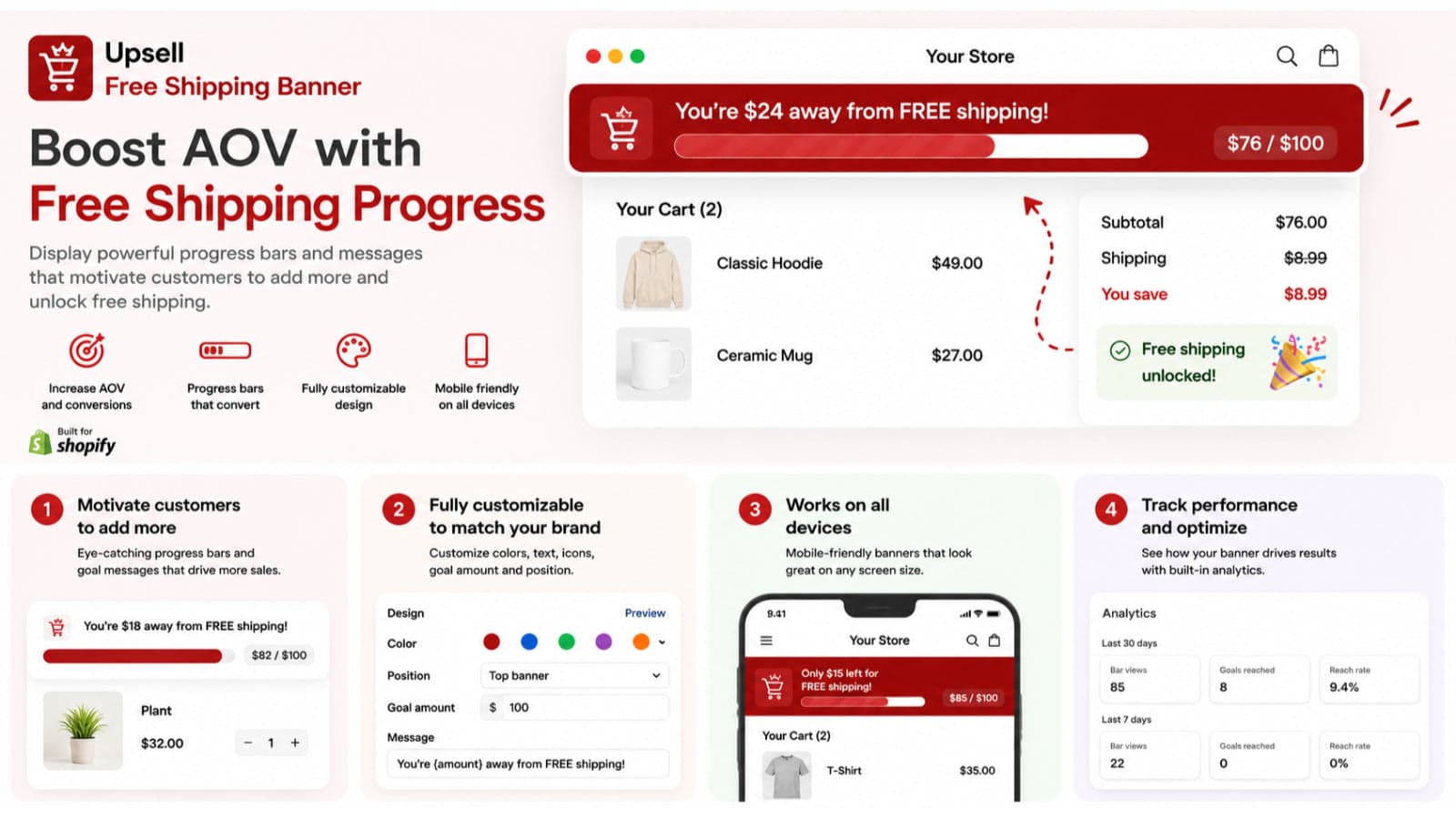 Free-shipping progress bar showing “$20 left to unlock free ship