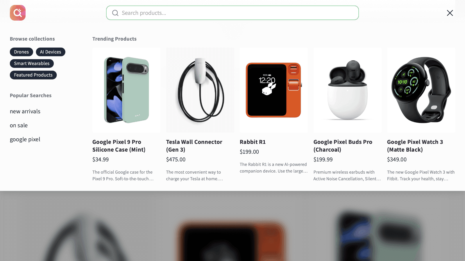 Initial view of the powerful, customizable store search widget.