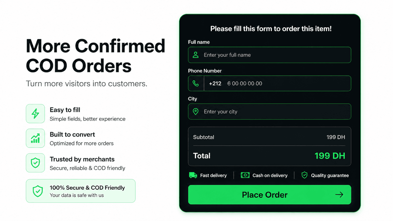 Fast cash on delivery order form for Shopify stores