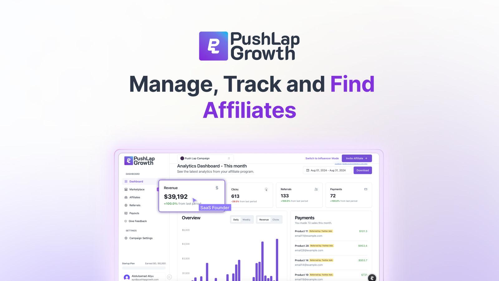 Push Lap Growth affiliate management dashboard