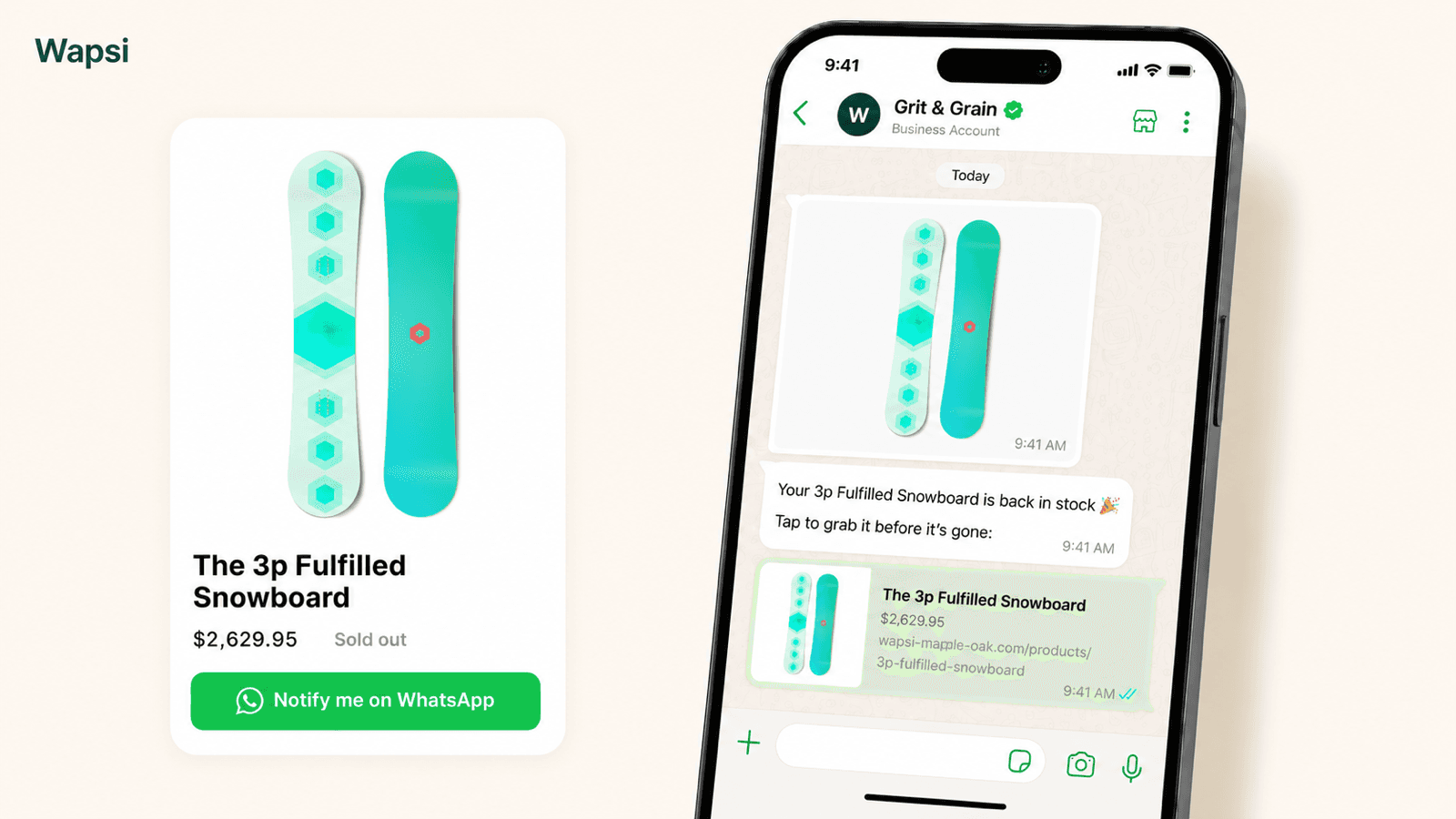 old-out product page with the WhatsApp restock alert on a phone
