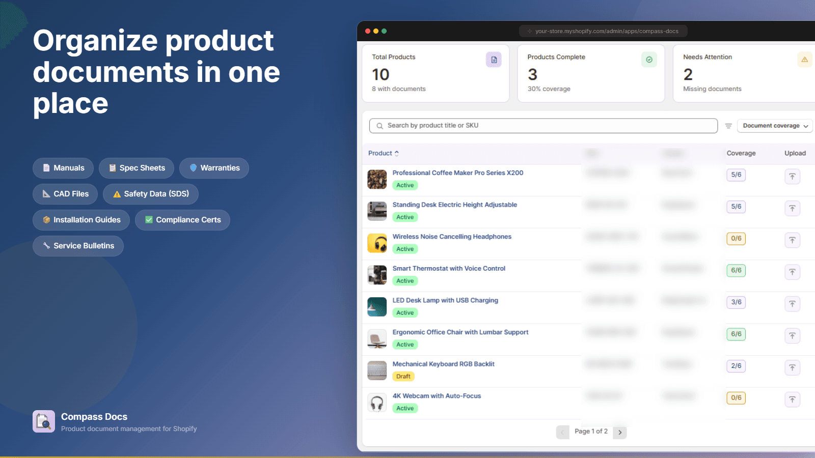 Compass Docs dashboard showing product document management