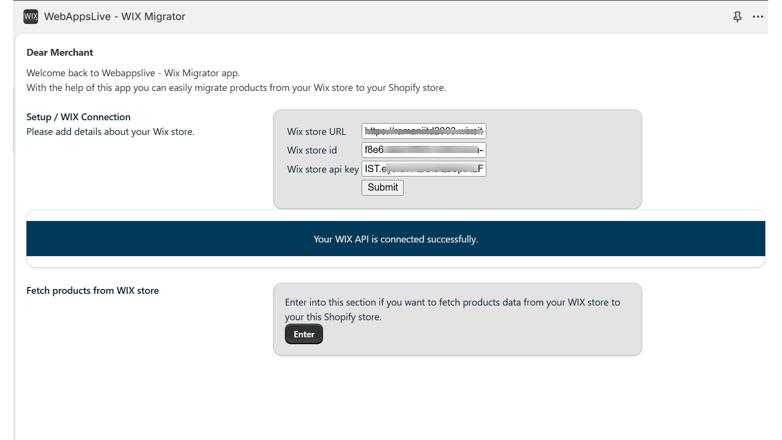 Webappslive - Wix Migrator - setup page