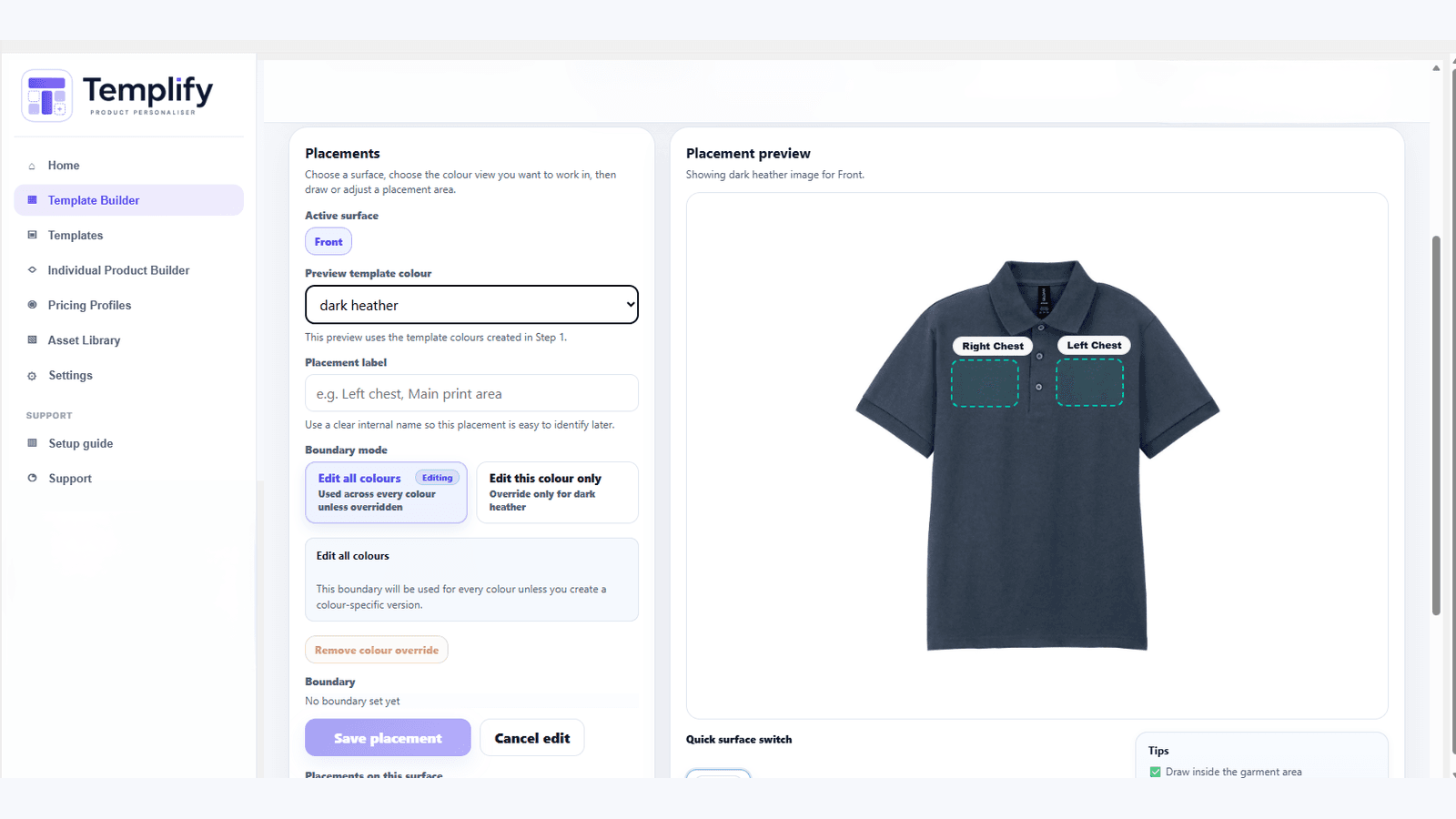 Template builder with placement areas on a customisable polo shi