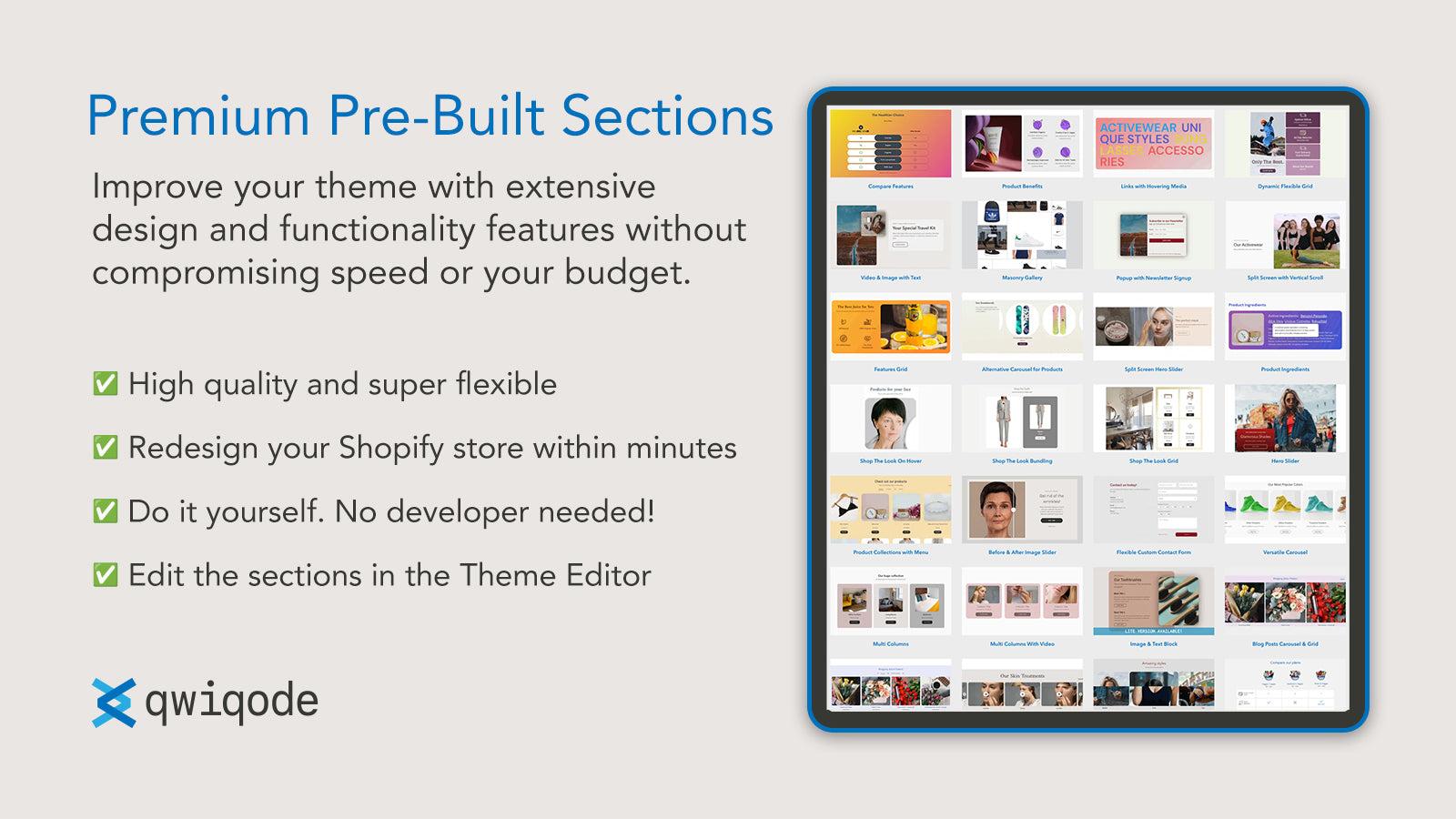 Premium Pre-Built Theme Sections by qwiqode