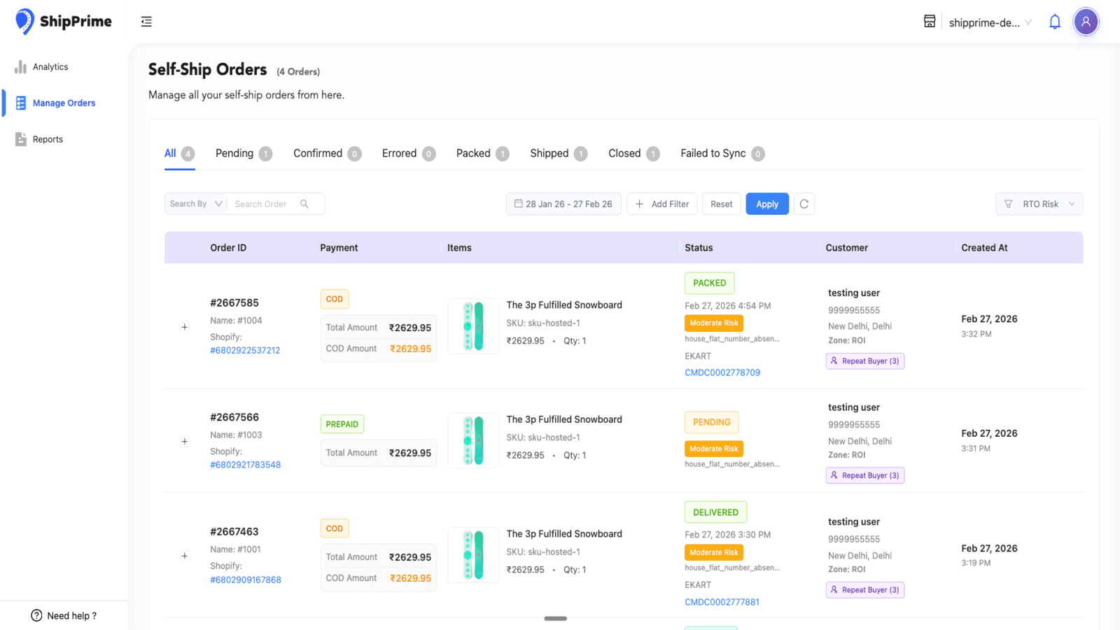 Manage Orders Page