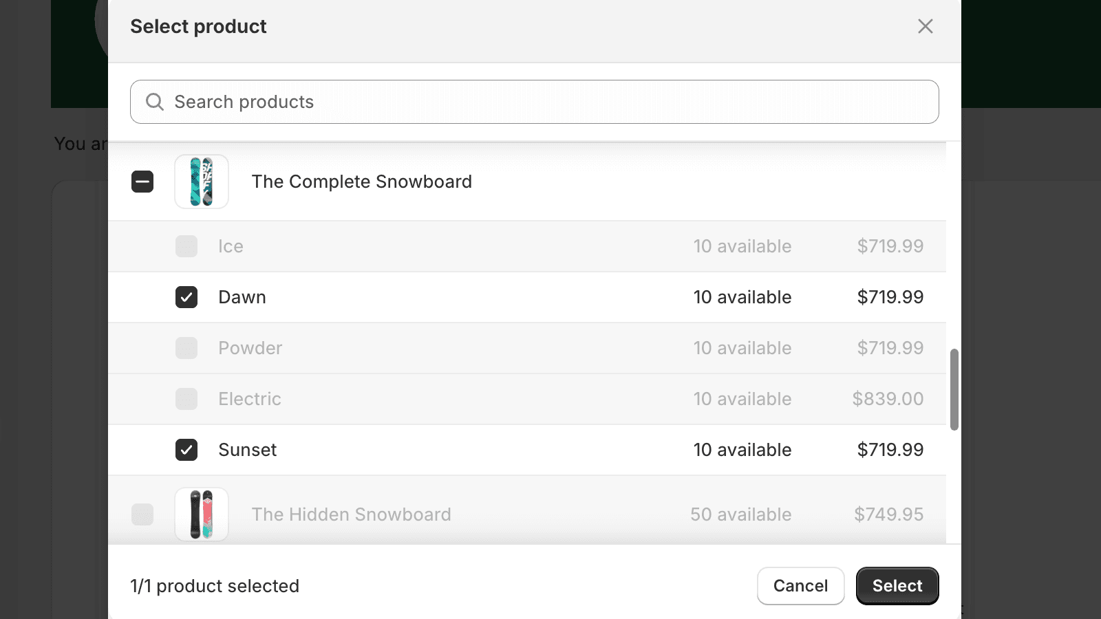 Select product variants for price change.