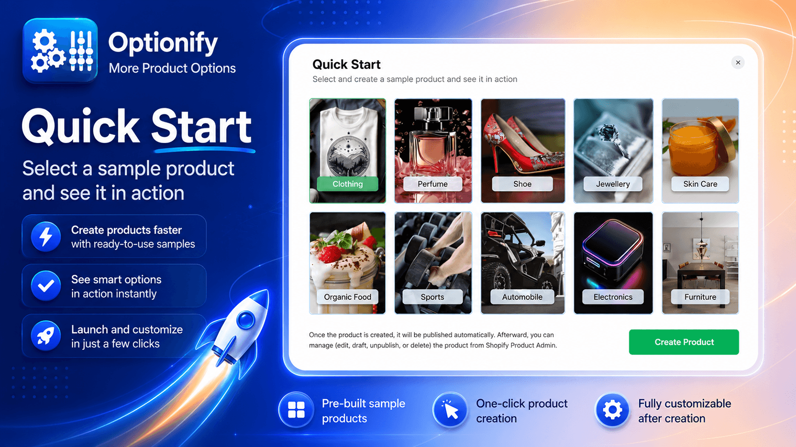 Optionify quick start page showing sample product types