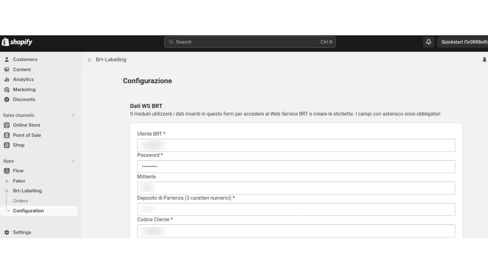 Configurazione con i dati del Web Service Bartolini