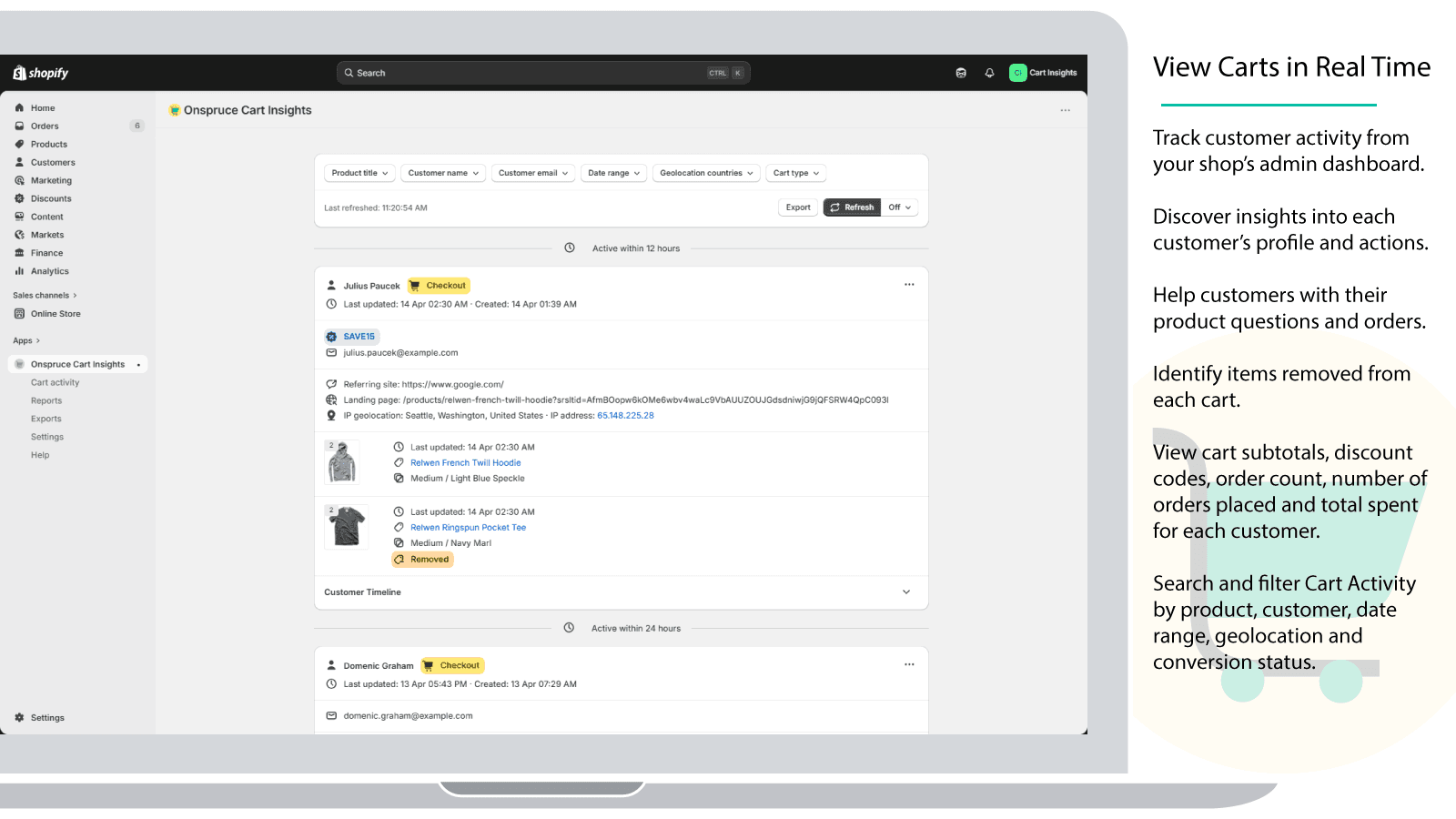 View real-time cart activity in the Shopify admin panel