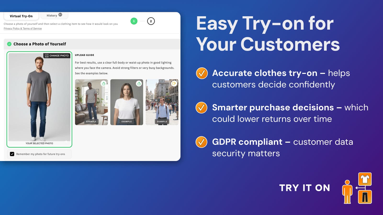 Virtual try-on modal showing customer photo upload for clothing