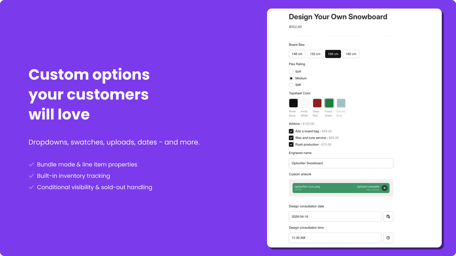 Custom product options on a Shopify storefront