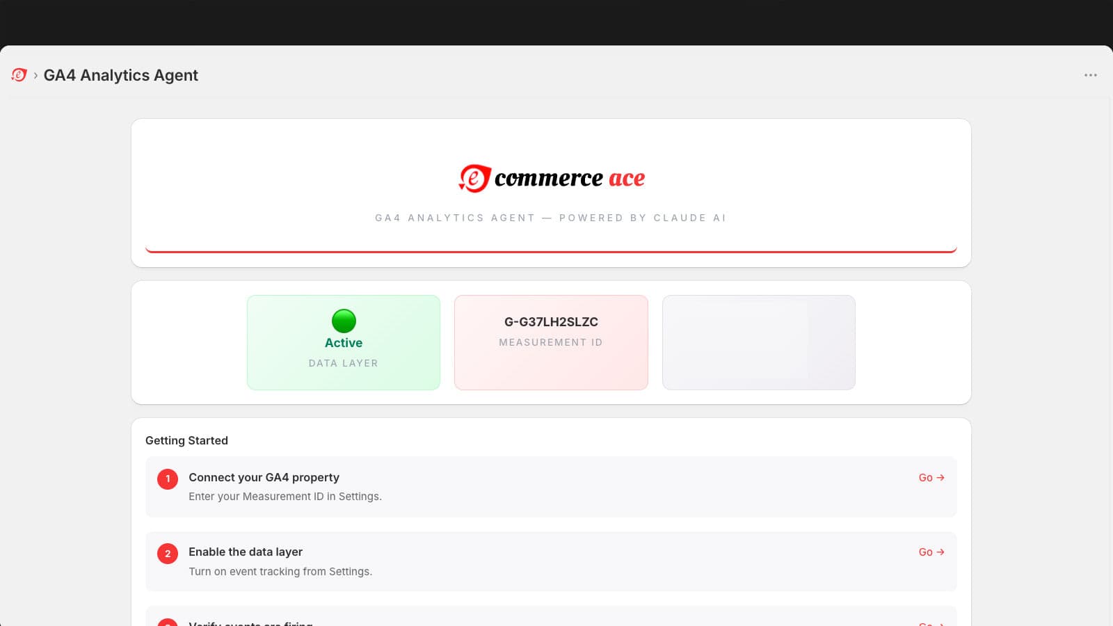 Commerce Ace GA4 Agent dashboard overview