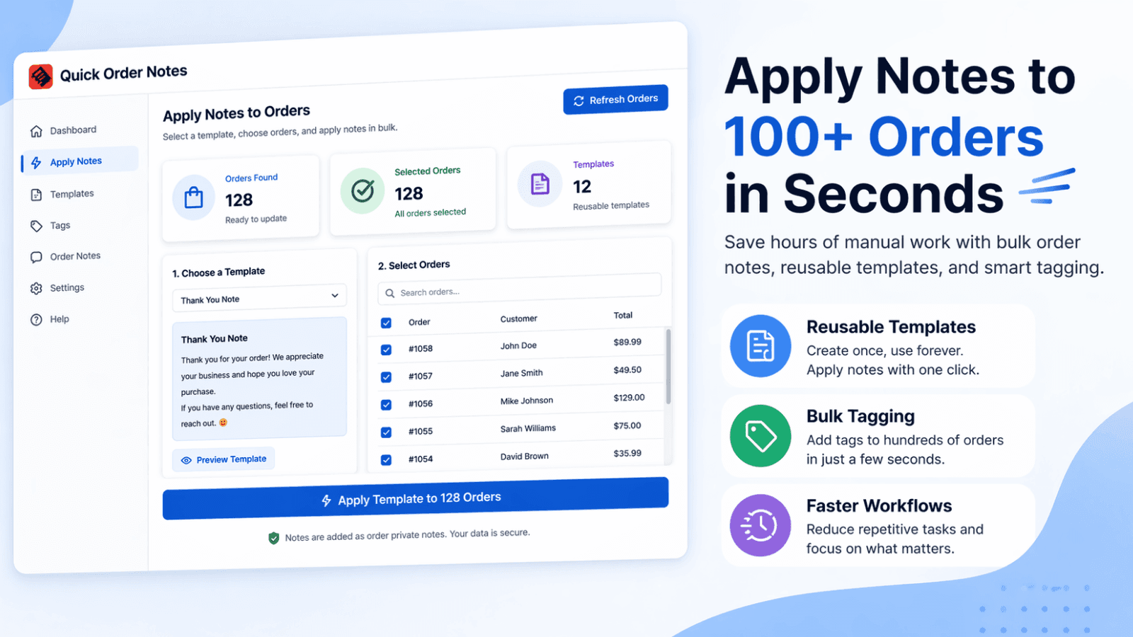 Bulk apply order notes and tags with reusable templates