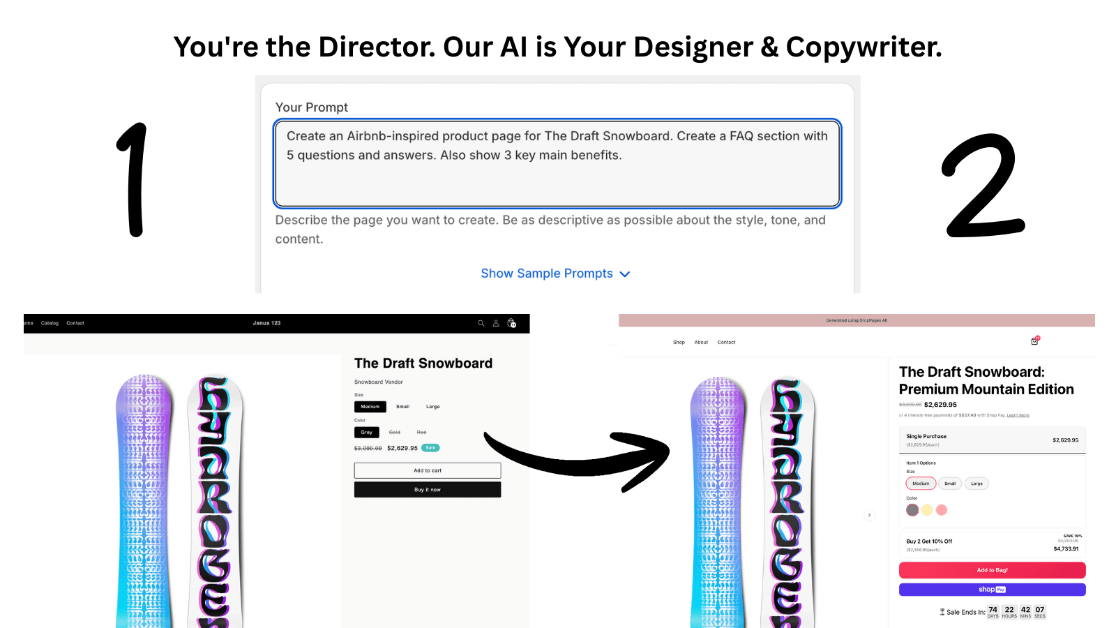 AI turning a text prompt into a finished landing page.