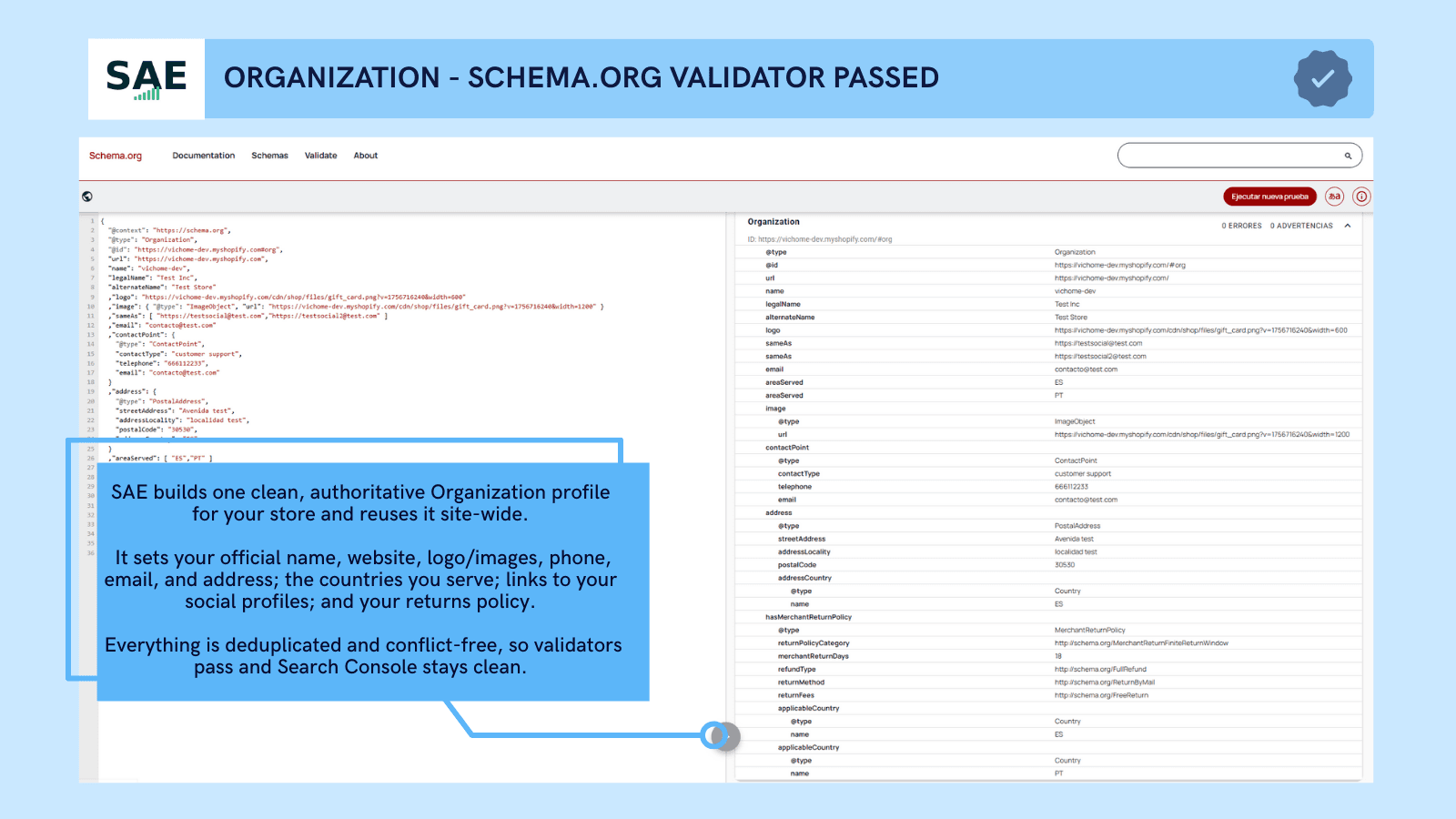 Organization JSON-LD validated (duplicate-free)