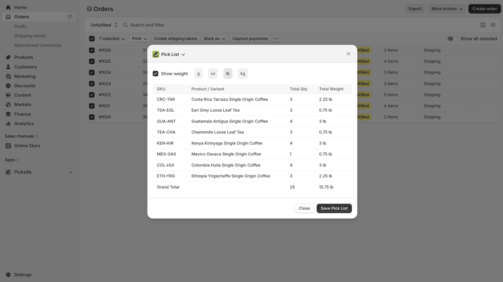 Pick list modal showing SKUs, quantities, and weights
