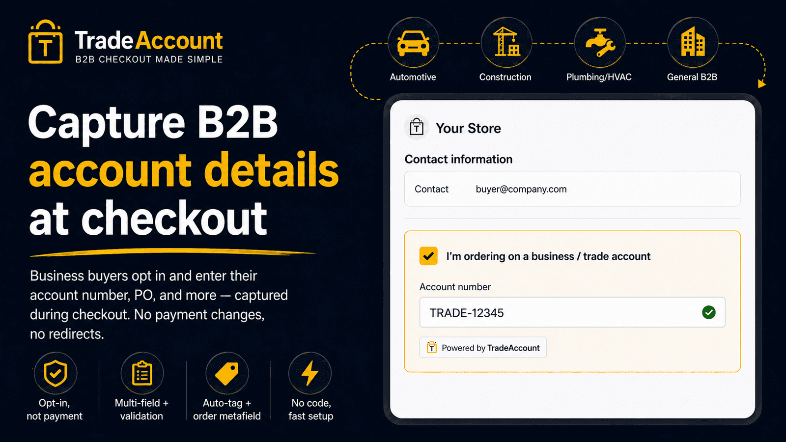 Capture B2B account details at checkout with custom fields