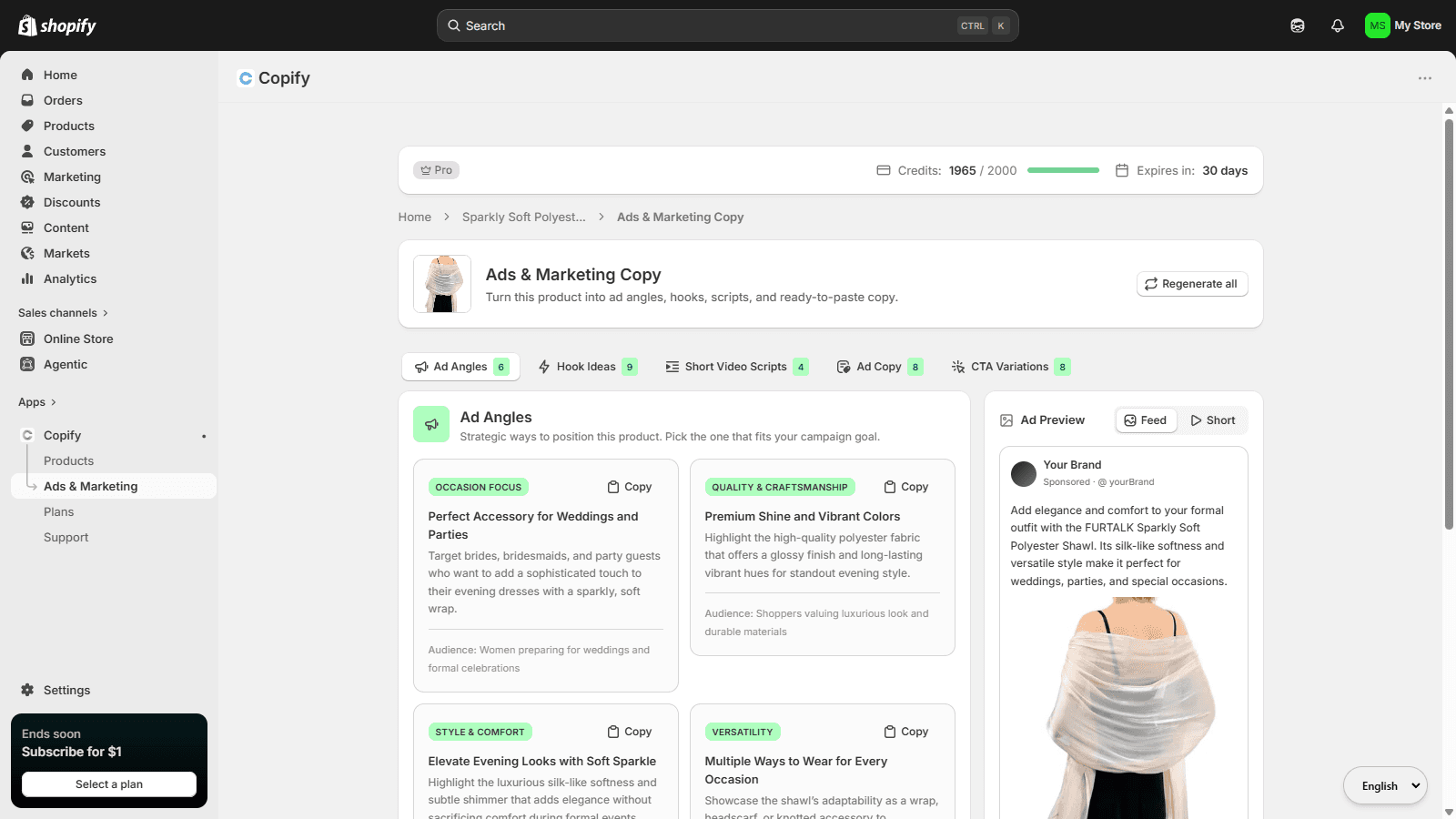 Copify Ads & Marketing Copy generator for Shopify products