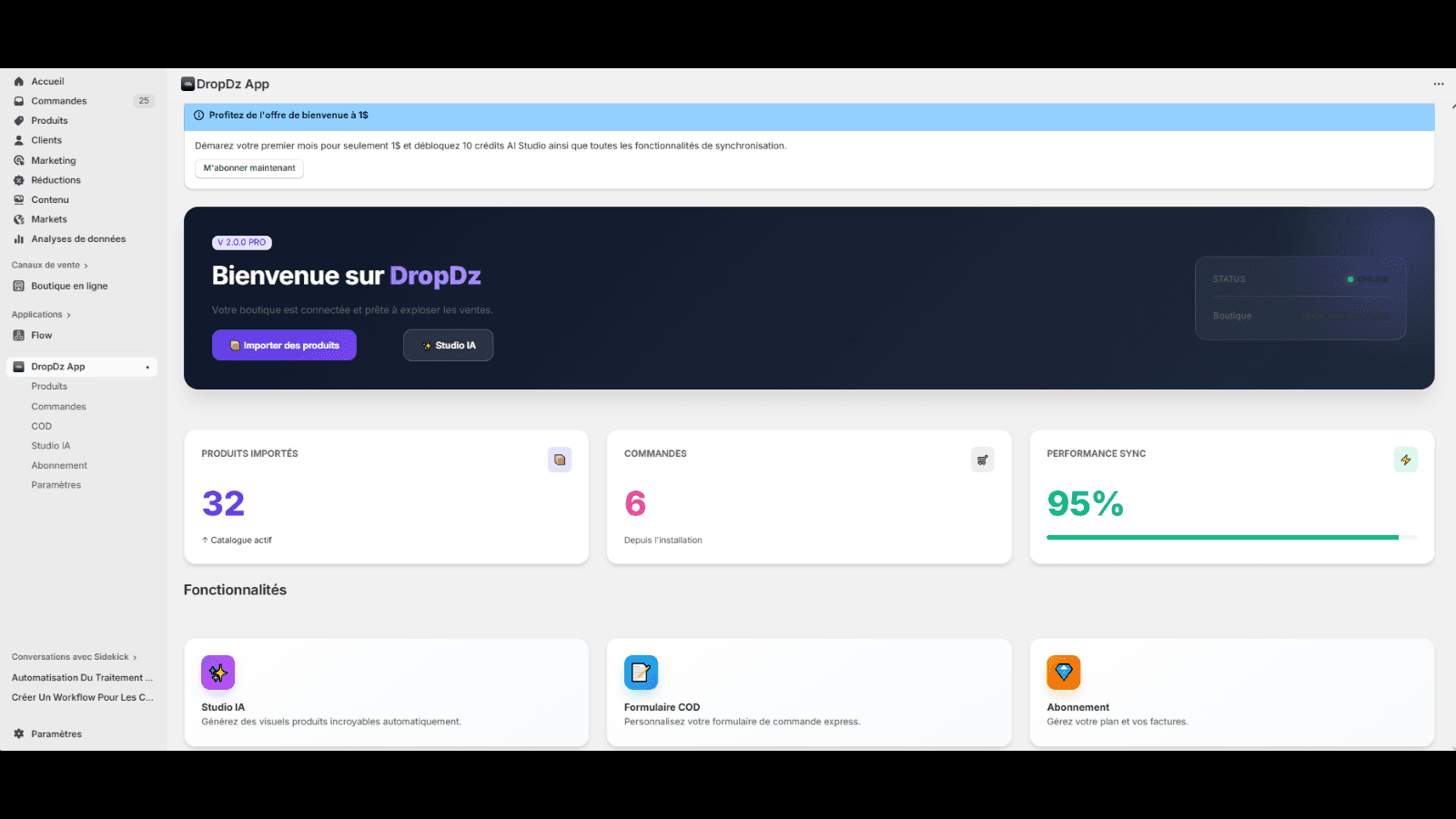 Dashboard DropDz avec statistiques produits et commandes