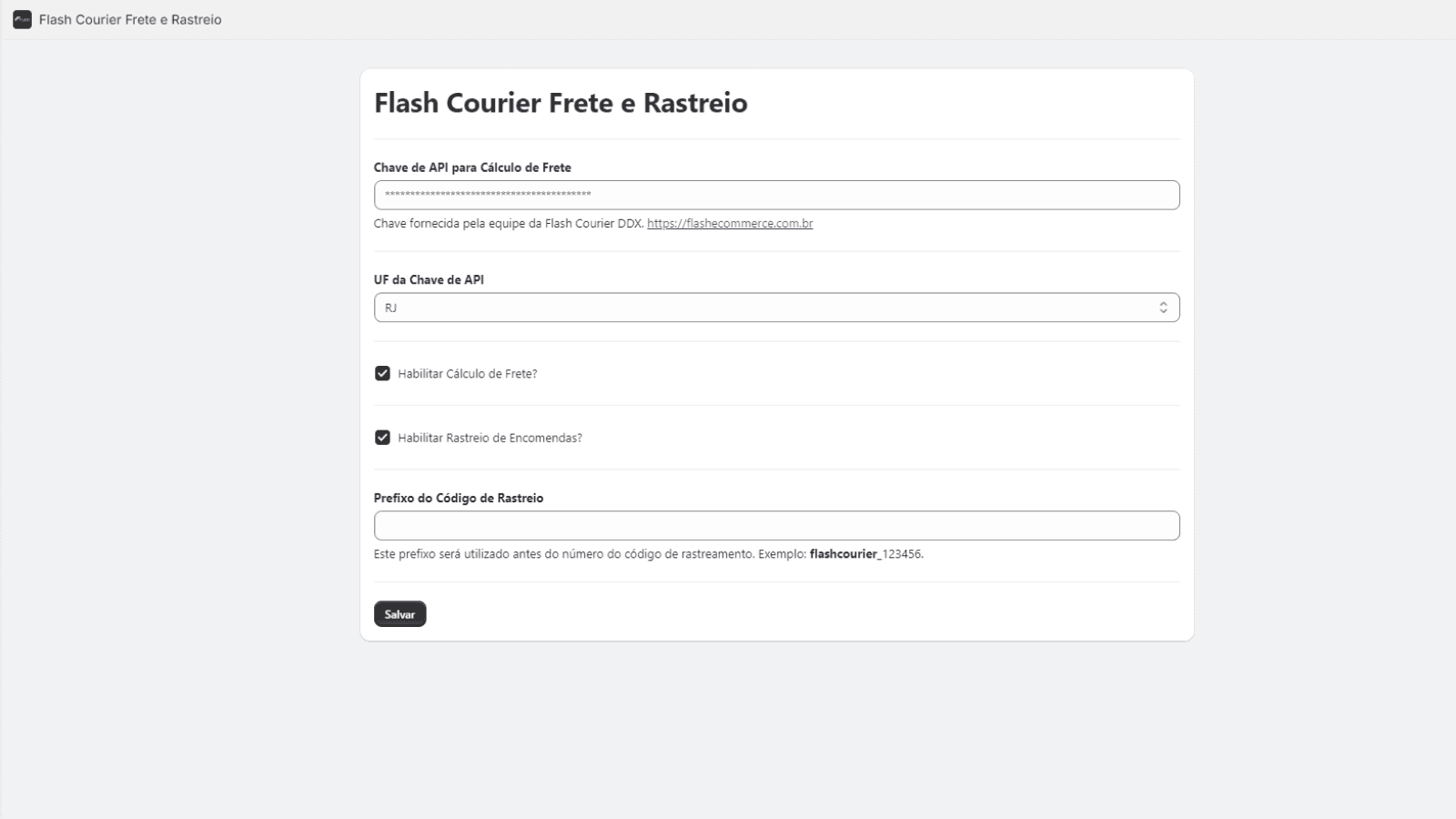 Tela de configuração do aplicativo