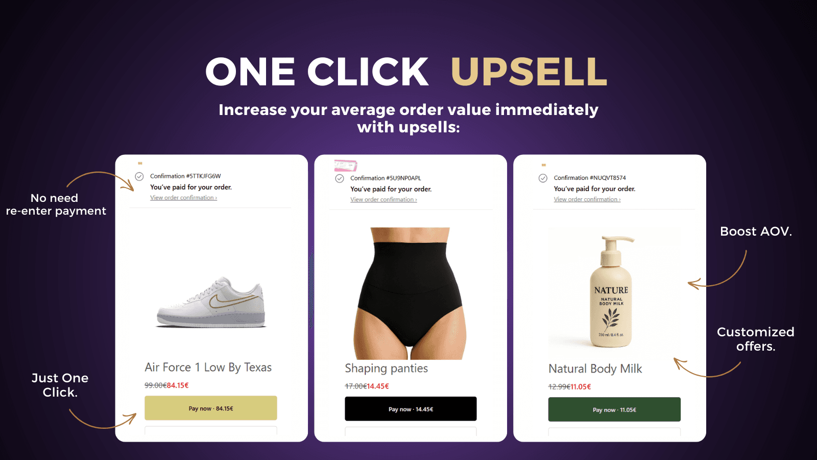 One Click Upsell Boost AOV with instant post-purchase upsell.