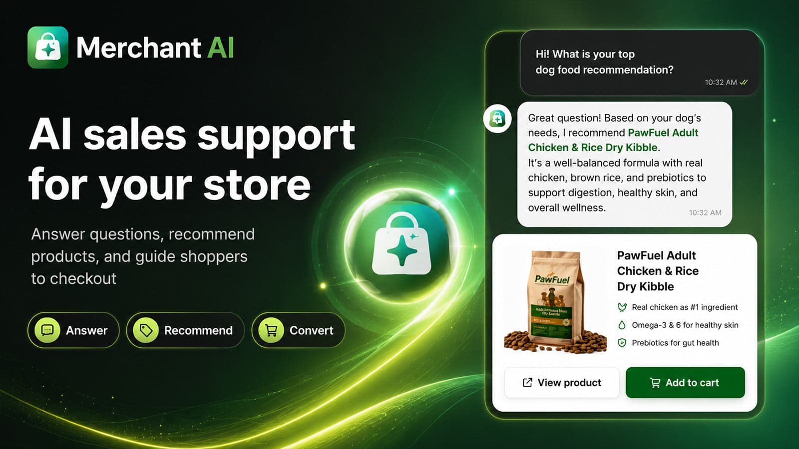 Merchant AI chat widget showing a product recommendation