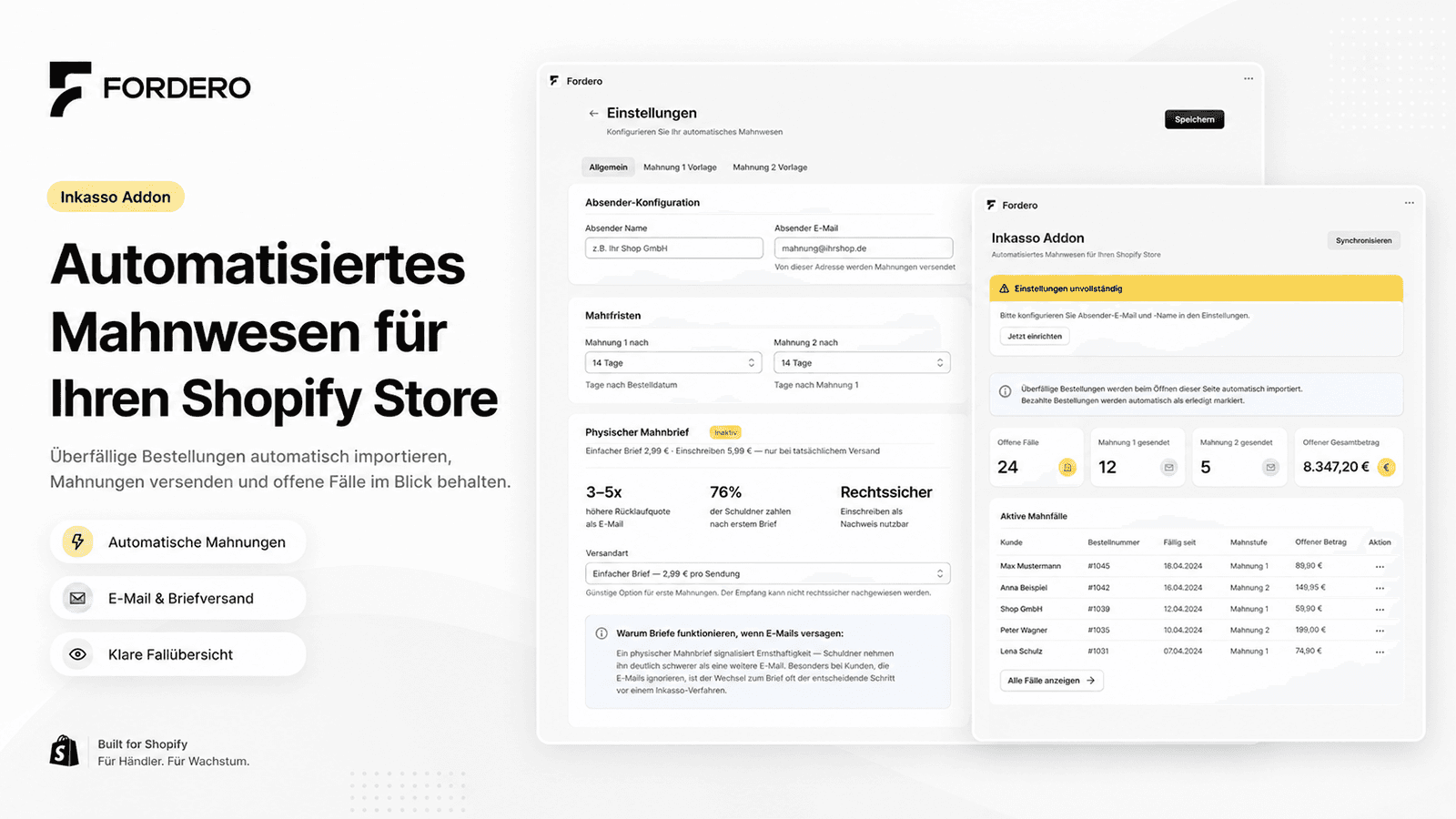 Fordero Dashboard – Automatisches Mahnwesen für Shopify