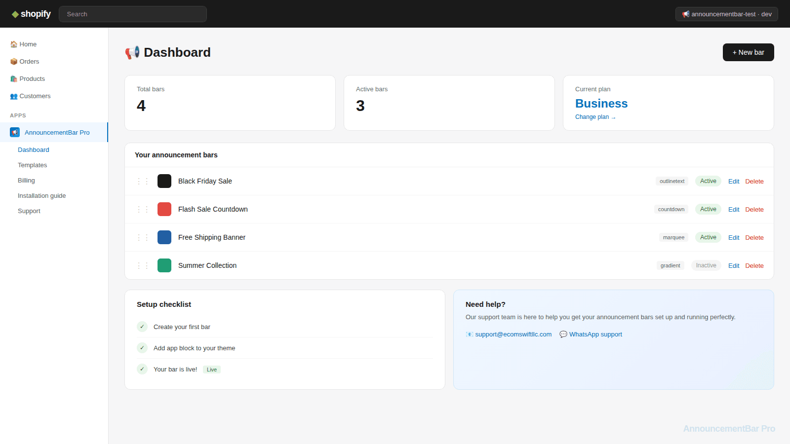 AnnouncementBar pro App dashboard