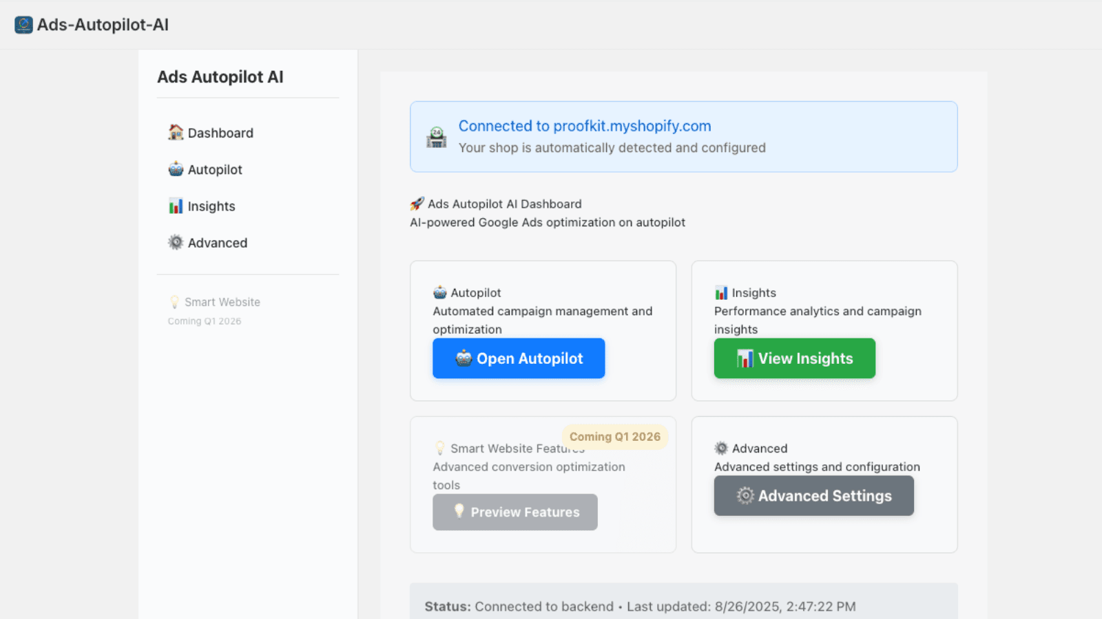 dashboard of google ads ai tool for script shopify store