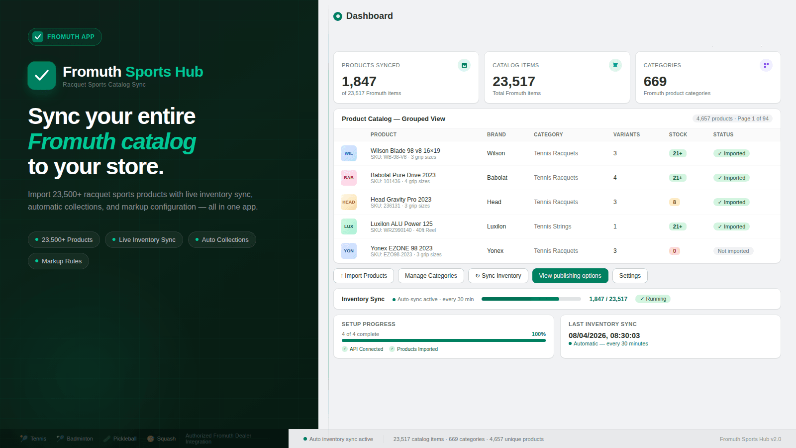 Fromuth app dashboard with catalog sync and stats overview