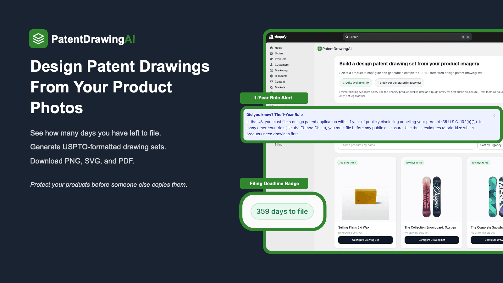 PatentDrawingAI Shopify app with filing deadline badges
